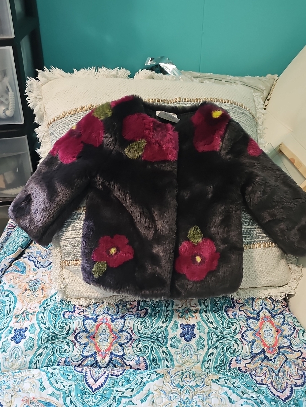 Genuine Kids By Oshkosh Kids 18M Faux Fur Floral Coat - Black with Pink Flowers